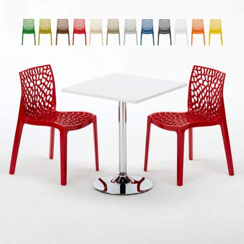 Mesa quadrada branca 70x70 cm base de aço 2 cadeiras Gruvyer Cocktail
