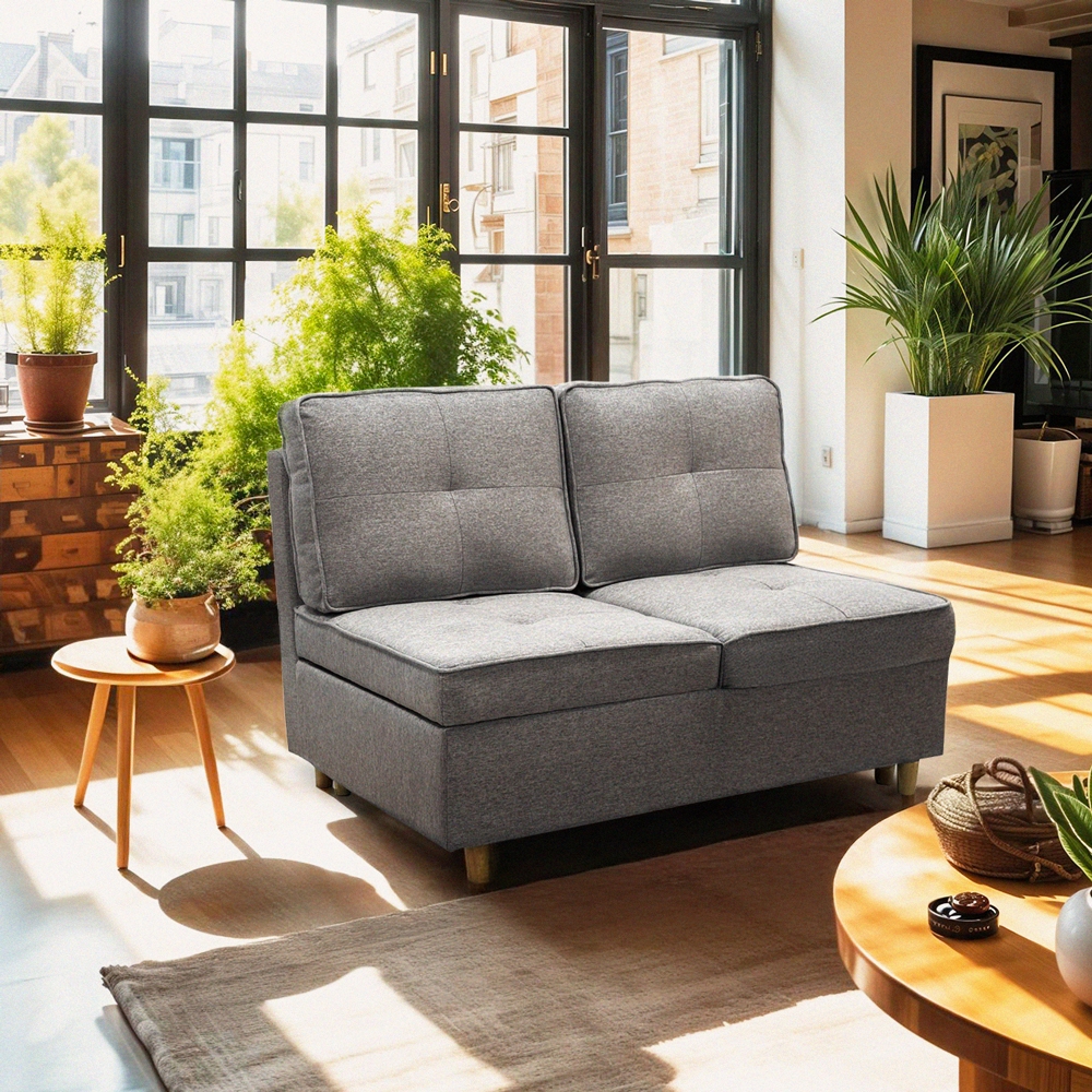 Sofá-cama 2 lugares extensível, cinza, poupador de espaço, em tecido, Wanda