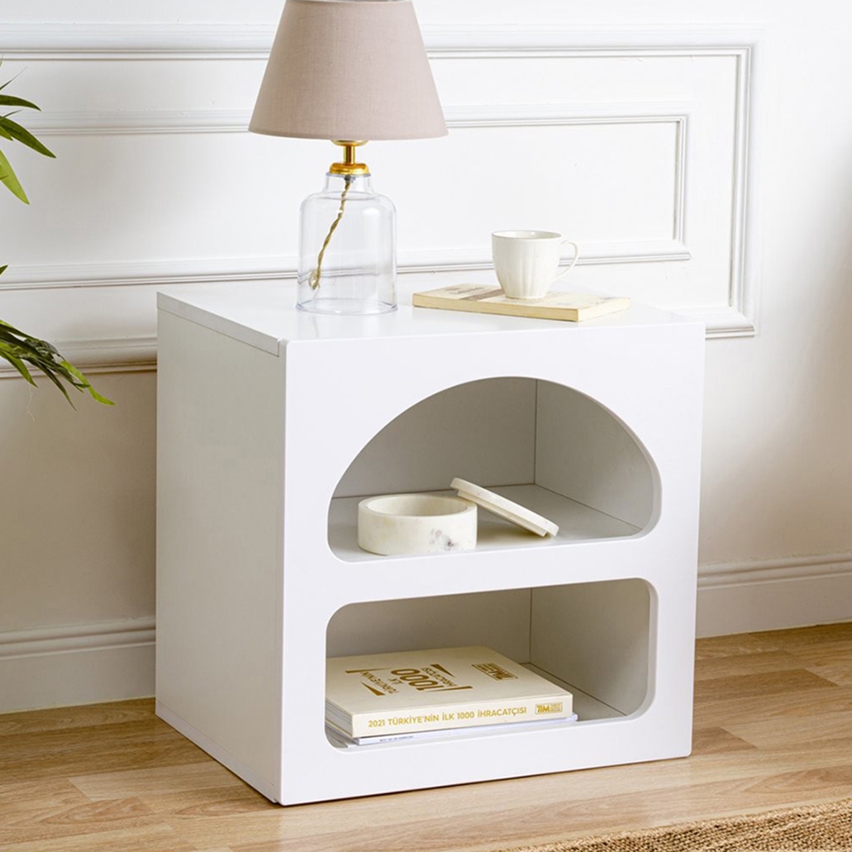 Mesa de Cabeceira Branca de Design 50x40cm com 2 Compartimentos Lorin S