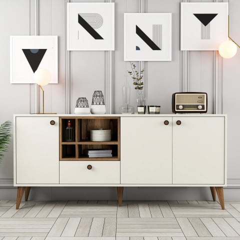 Credenza da salotto Madia 180x35cm branca e de madeira com portas Napoli Promoção