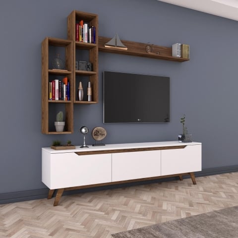 Parede de TV equipada com prateleiras e compartimentos abertos branco e natural Sirio. Promoção