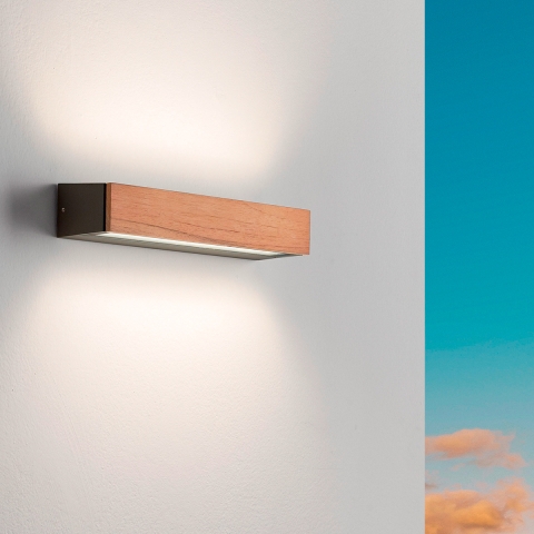 Lâmpada LED de parede exterior aplique em madeira de teca e vidro Hazel Promoção