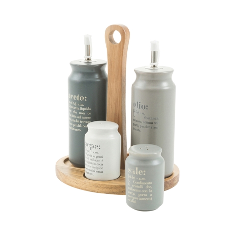 Conjunto de 5 peças para condimentos com suporte em madeira e garrafa de óleo em grés Victionary B Promoção