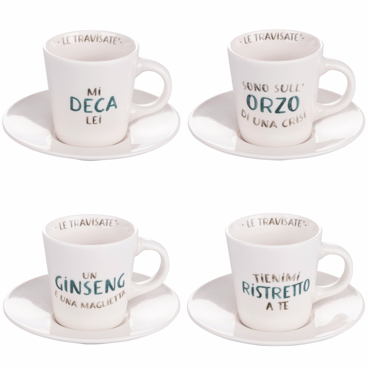 Conjunto de 4 chávenas de café em porcelana com pires 90ml com inscrições Le Travisate Promoção