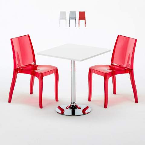 Mesa de Café Quadrada Branca 70x70 cm 2 Cadeiras Transparentes Cristal Light Titanium