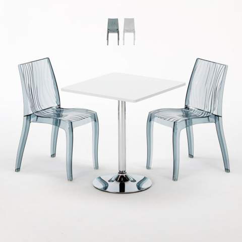Conjunto de mesa quadrada branca, c/2 Cadeiras Transparentes, 70x70, Titanium Promoção