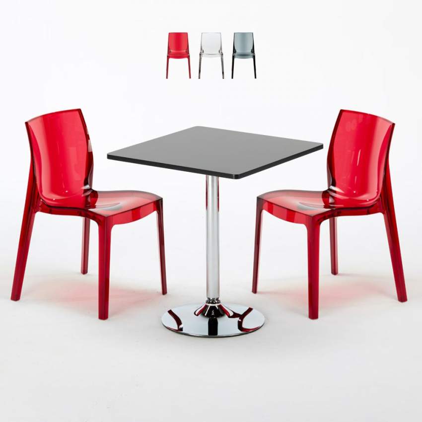 Conjunto de mesa quadrada preta c/2 Cadeiras,Transparentes 70x70 Phantom Promoção