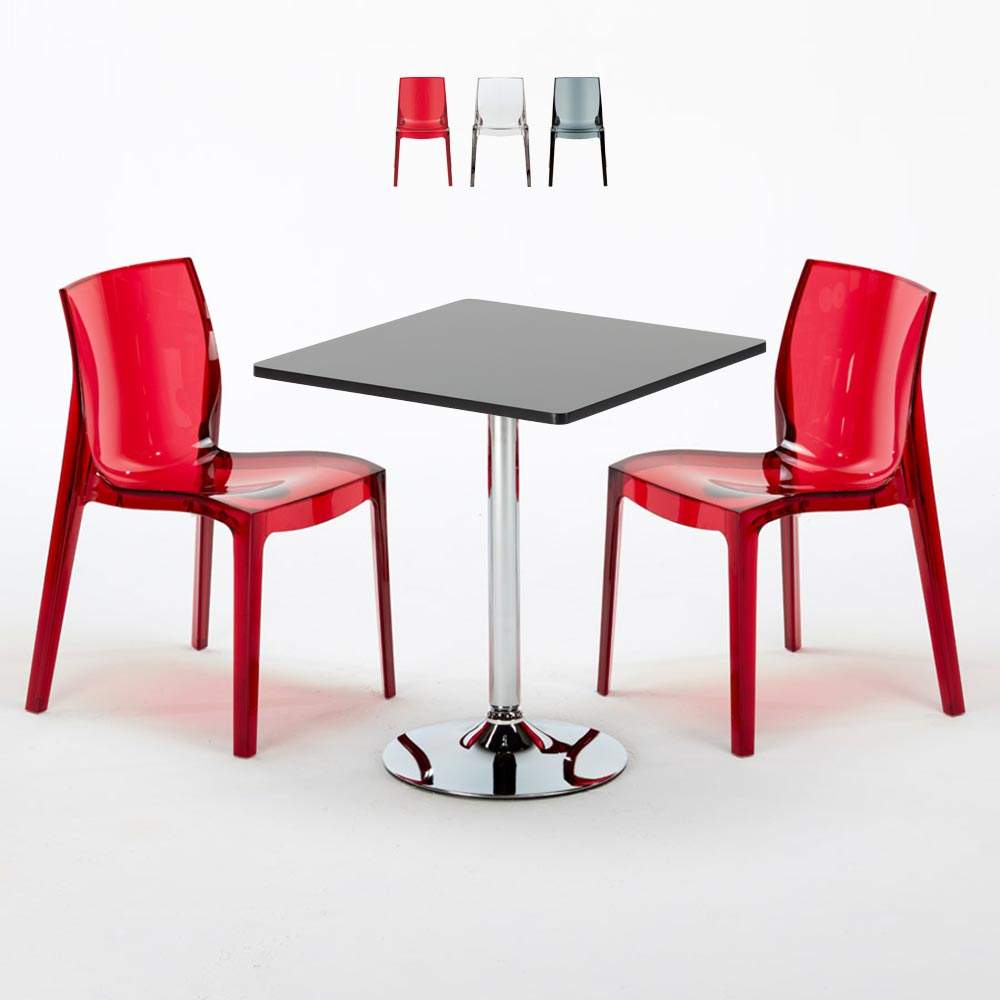 Conjunto de mesa quadrada preta c/2 Cadeiras,Transparentes 70x70 Phantom