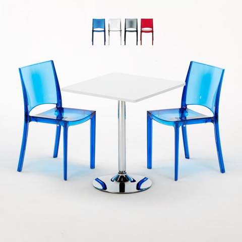 Mesa quadrada Branca c/2 cadeiras transparentes, 70x70, Demon Promoção