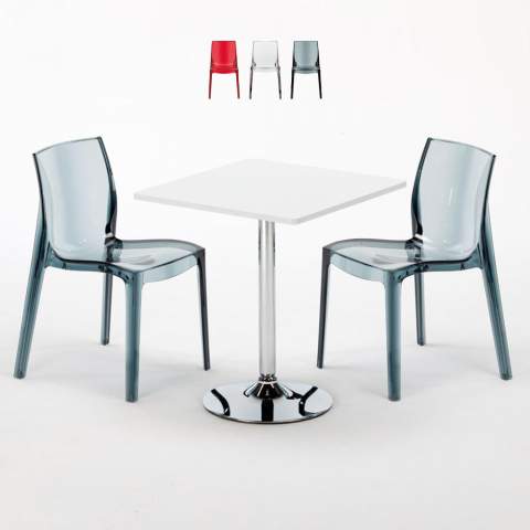 Conjunto de mesa Branca, Quadrada e 2 Cadeiras Transparentes, 70x70, Demon Promoção