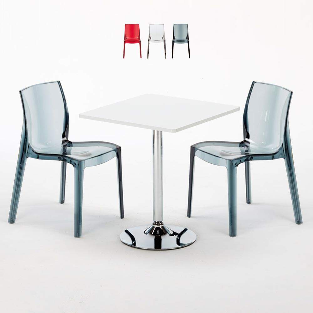 Conjunto de mesa Branca Quadrada e 2 Cadeiras Transparentes 70x70 Demon