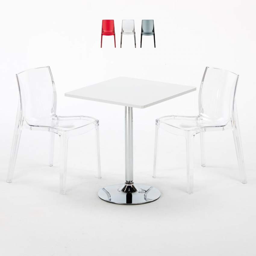 Conjunto de mesa Branca Quadrada e 2 Cadeiras Transparentes 70x70 Demon Venda