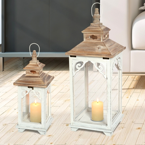 Conjunto de 2 lanternas em madeira branca shabby chic com porta-velas Copenaghen Promoção