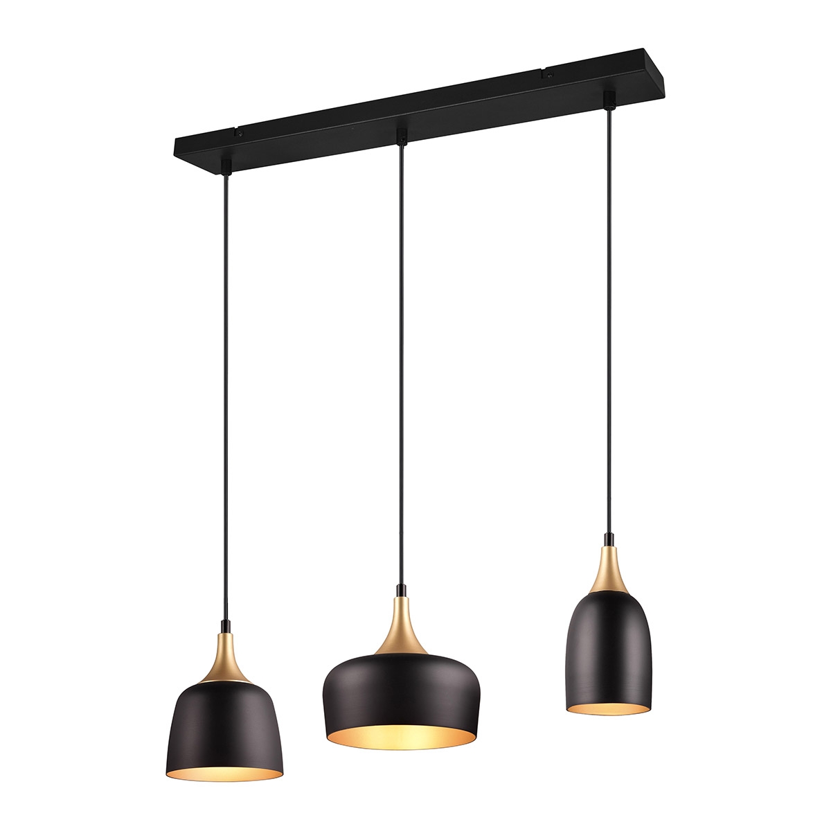 Candeeiro de teto moderno 3 luzes em metal preto e dourado Sudar