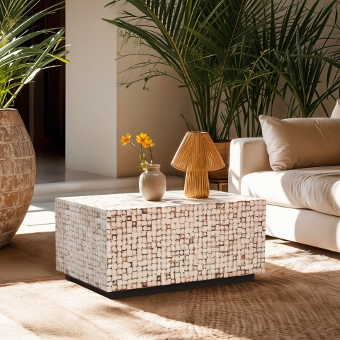 Mesa de café retangular em madeira artesanal incrustada Kala Promoção
