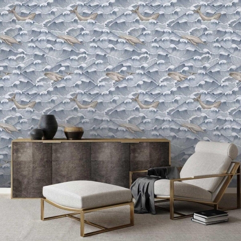 Papel de parede design mar para sala de estar quarto Onde e Balene Promoção