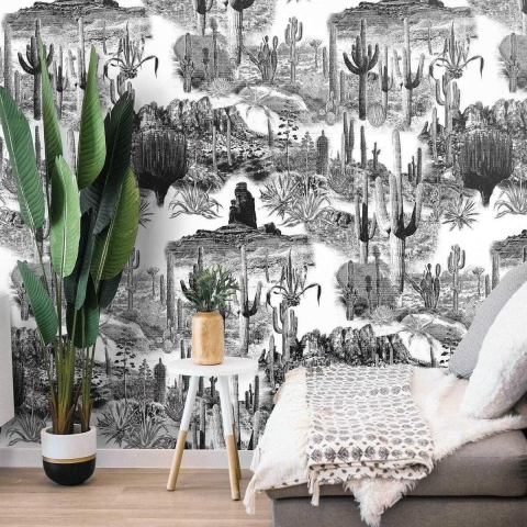 Carta de parede adesiva moderna branco preto para sala de estar Cactus Promoção
