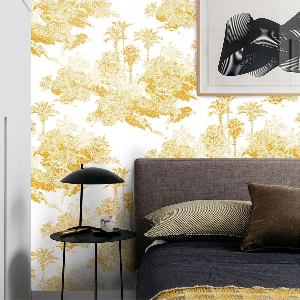 Papel de parede floral vintage artístico branco e amarelo Toile de Jouy Promoção