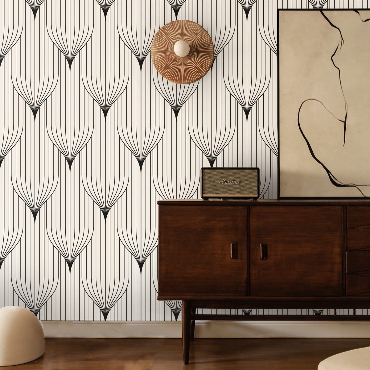 Papel de parede geométrico design vintage preto e branco Art Déco Promoção