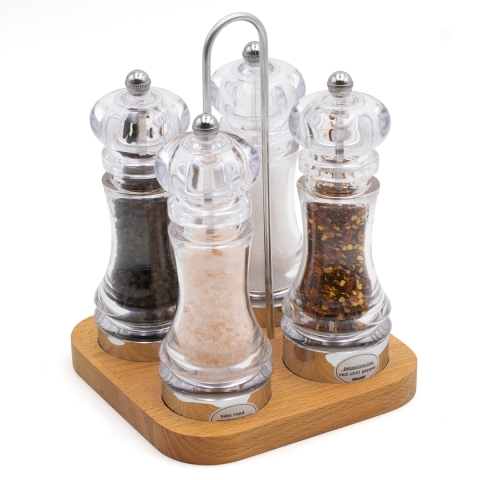 Conjunto moedores de pimenta e sal especiarias 4 peças com base em madeira faia Bisetti Promoção