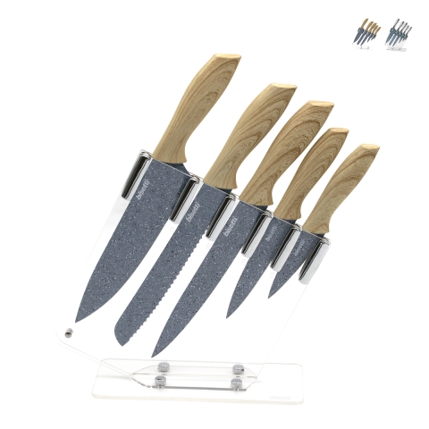 Conjunto de 5 facas de aço inoxidável com bloco transparente Pierre Gourmet Promoção