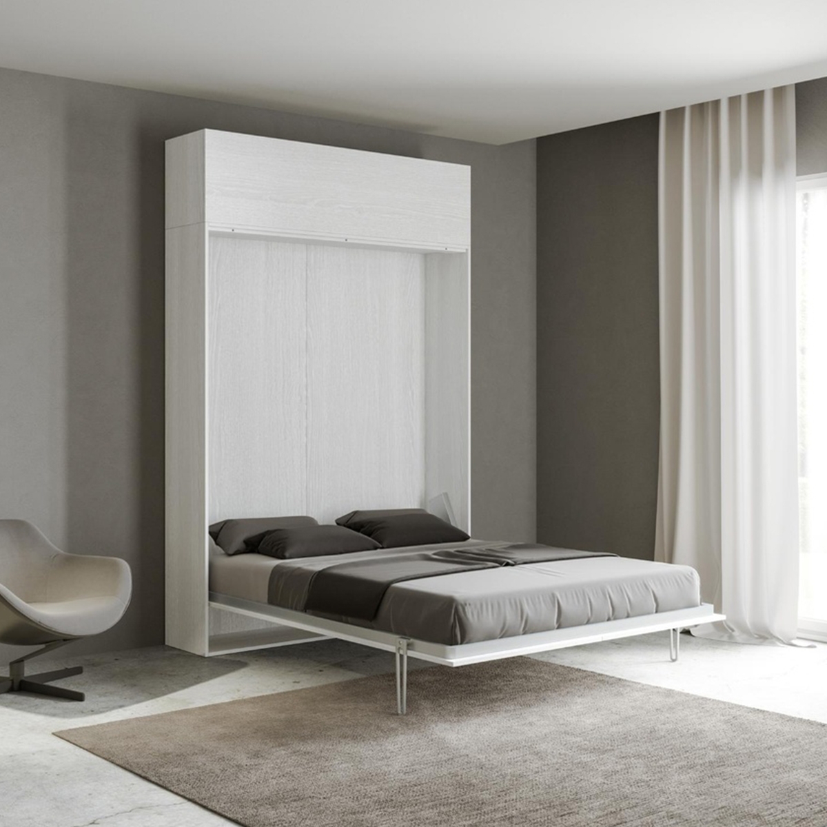 Cama de casal rebatível com armário superior branco Kentaro