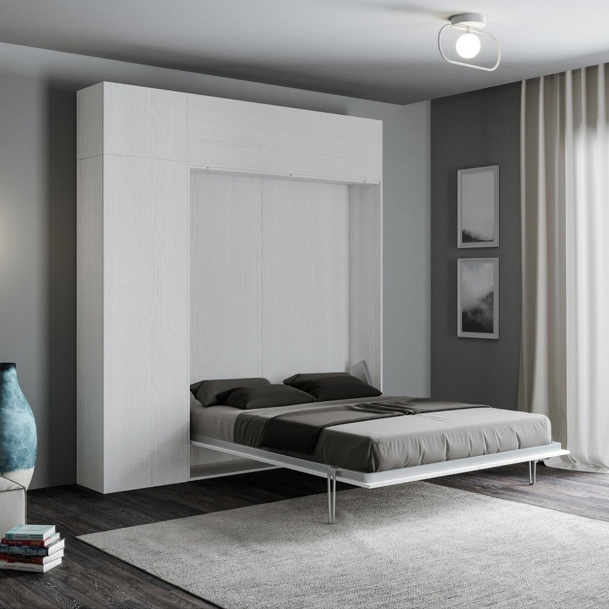 Cama francesa retrátil com coluna e armários brancos Kentaro