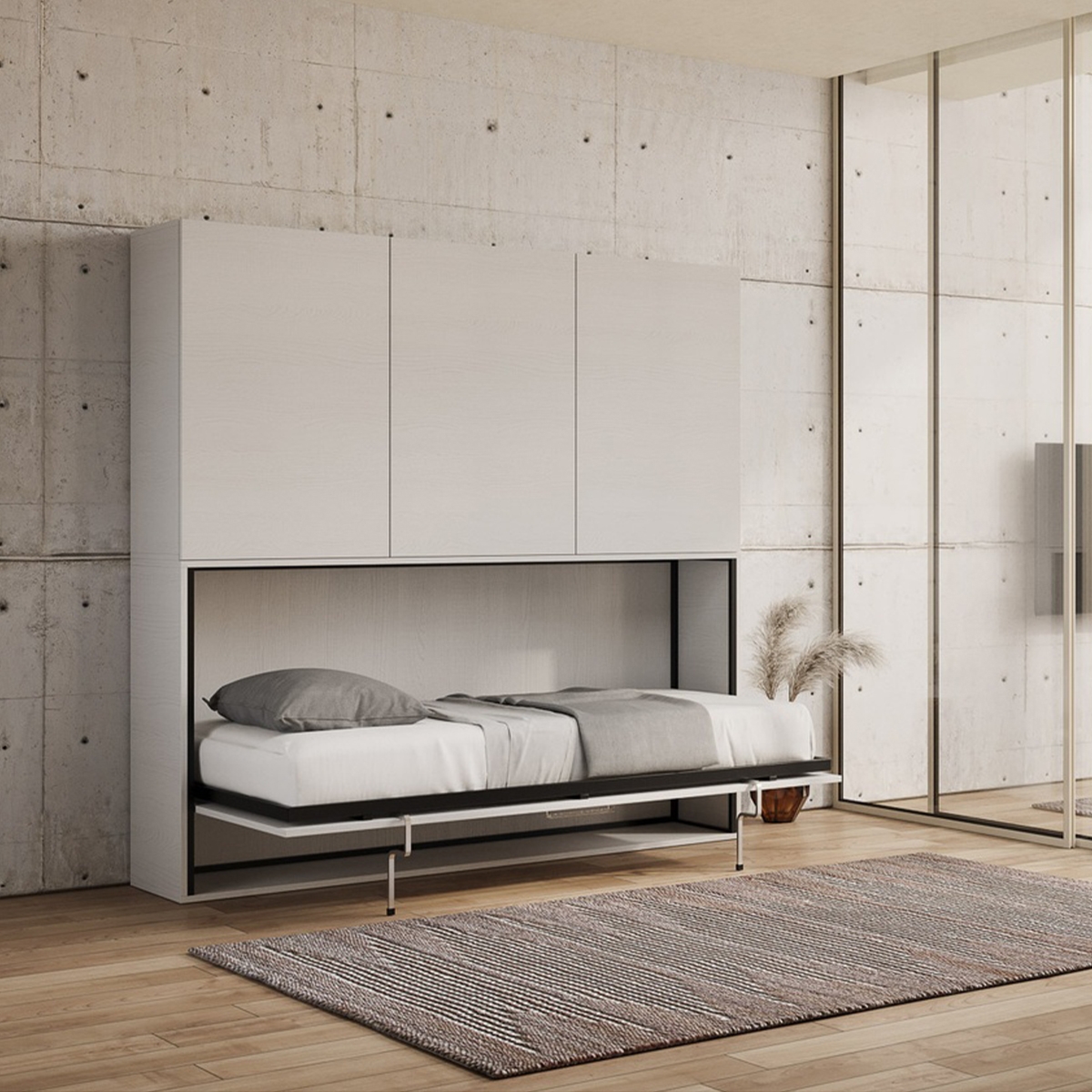 Cama de parede rebatível individual com armário branco Kando D
