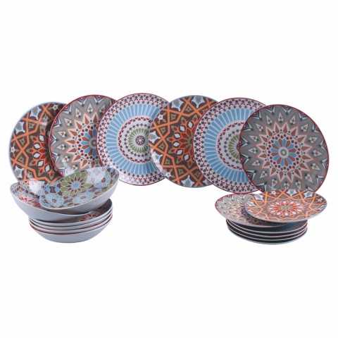 Conjunto 18 peças de mesa porcelana pratos decorados estilo exótico Casablanca Promoção