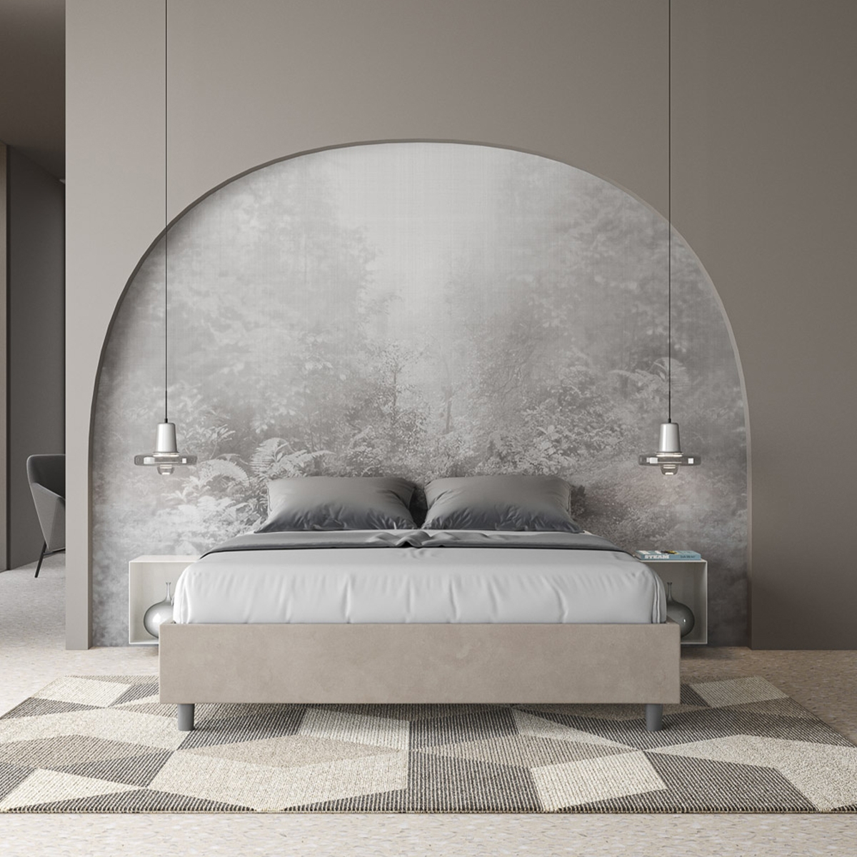 Cama de casal com arrumação 160x190 estofada em tecido bege Azelia