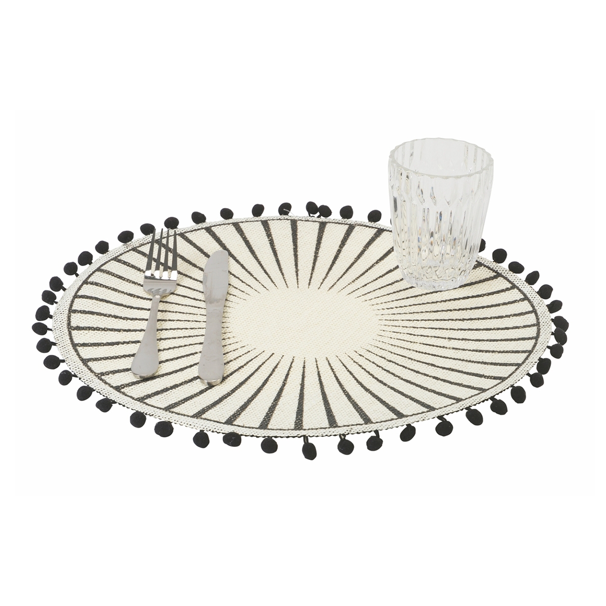 Conjunto de 6 individuais redondos com pompons design geométrico 38cm Preto