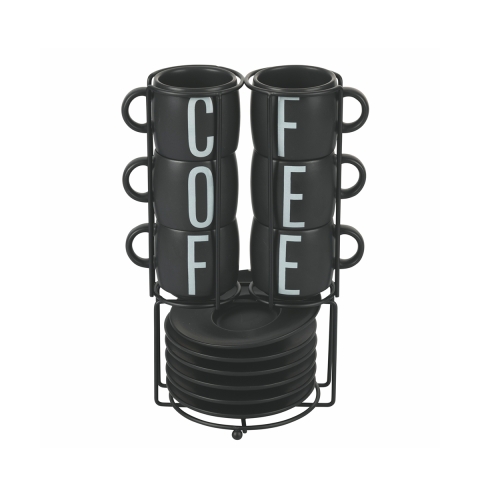 Conjunto de 6 xícaras de café com pires em grés e suporte em aço Bigismore Promoção