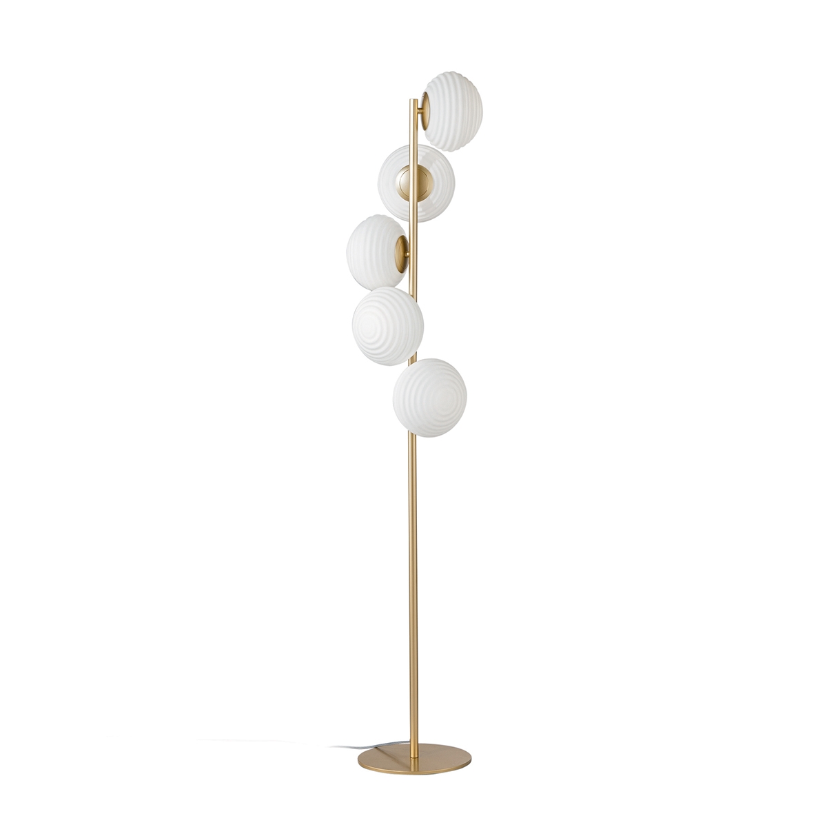Candeeiro de pé em metal dourado com 5 luzes em vidro branco soprado Ripple