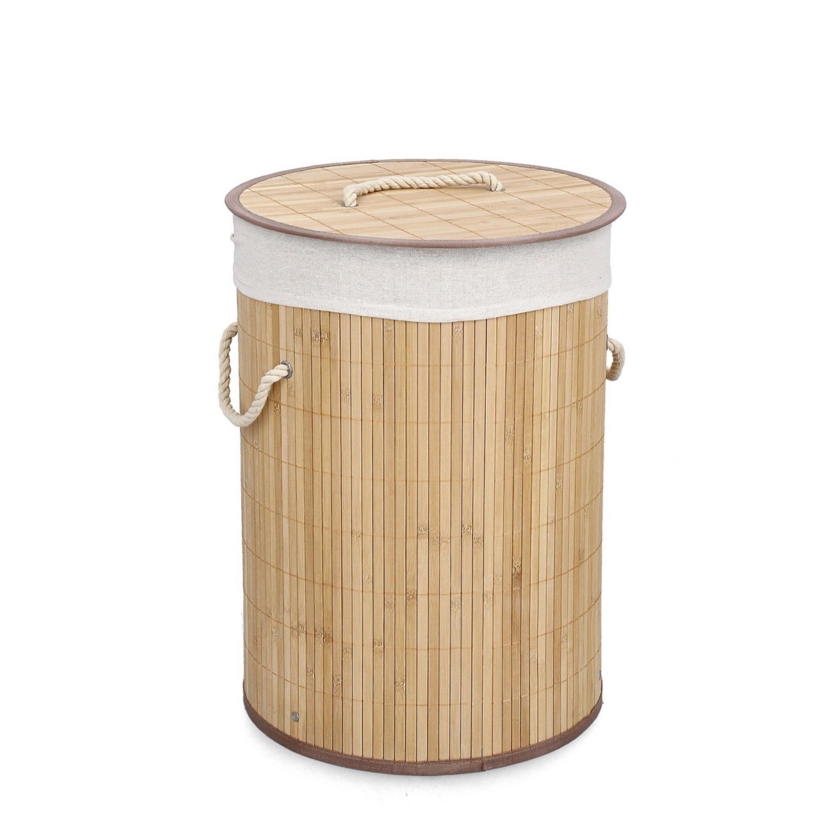Cesto de roupa redondo em bambu com forro branco 35x50cm Ananda