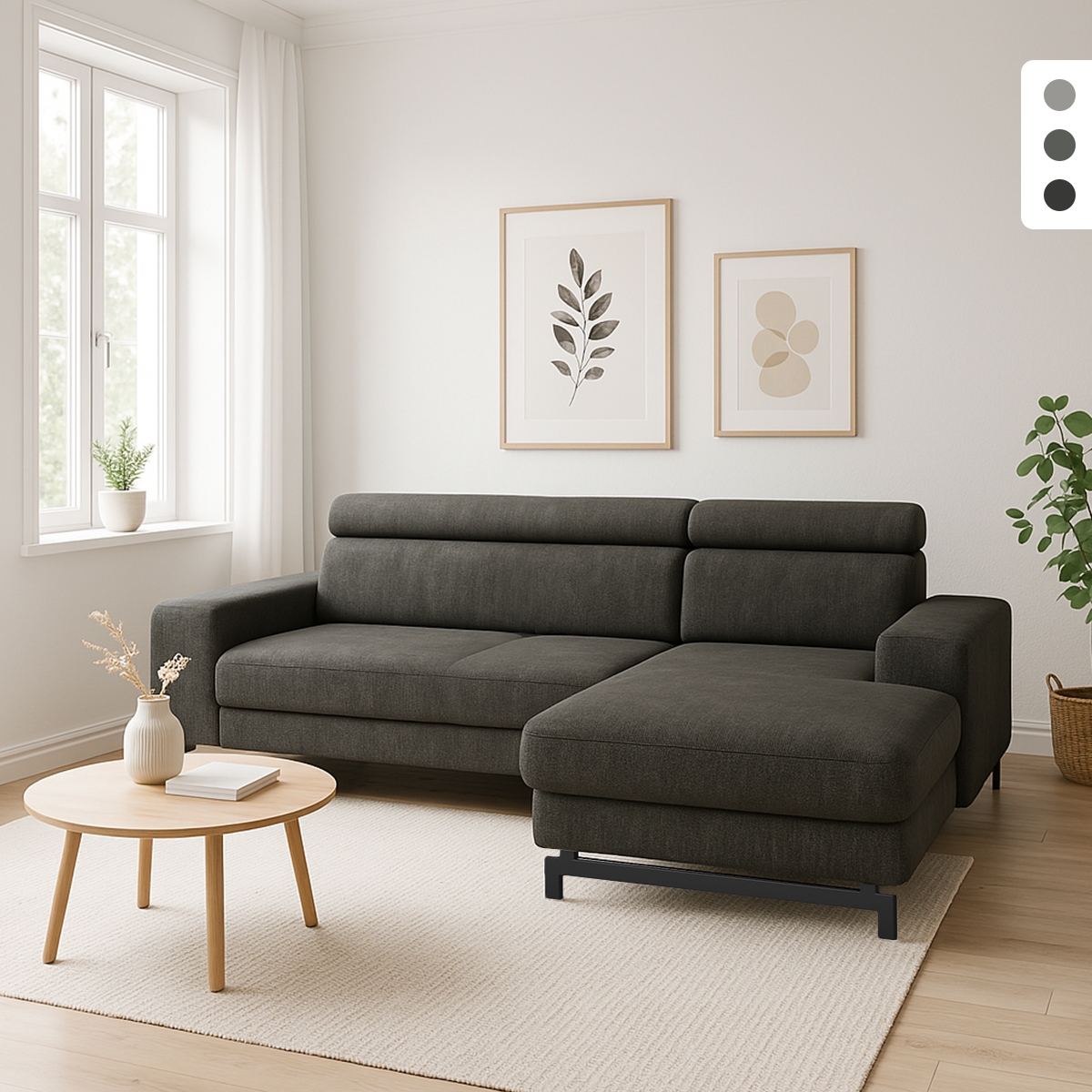 Sofá-cama 3 lugares com chaise à direita, armazenamento e apoio de cabeça ajustável Miva