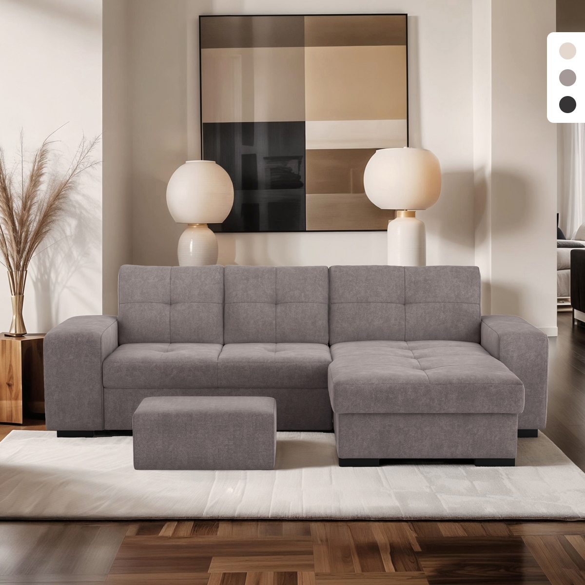 Sofá-cama de 3 lugares com chaise longue direita com arrumação e pouf Kava