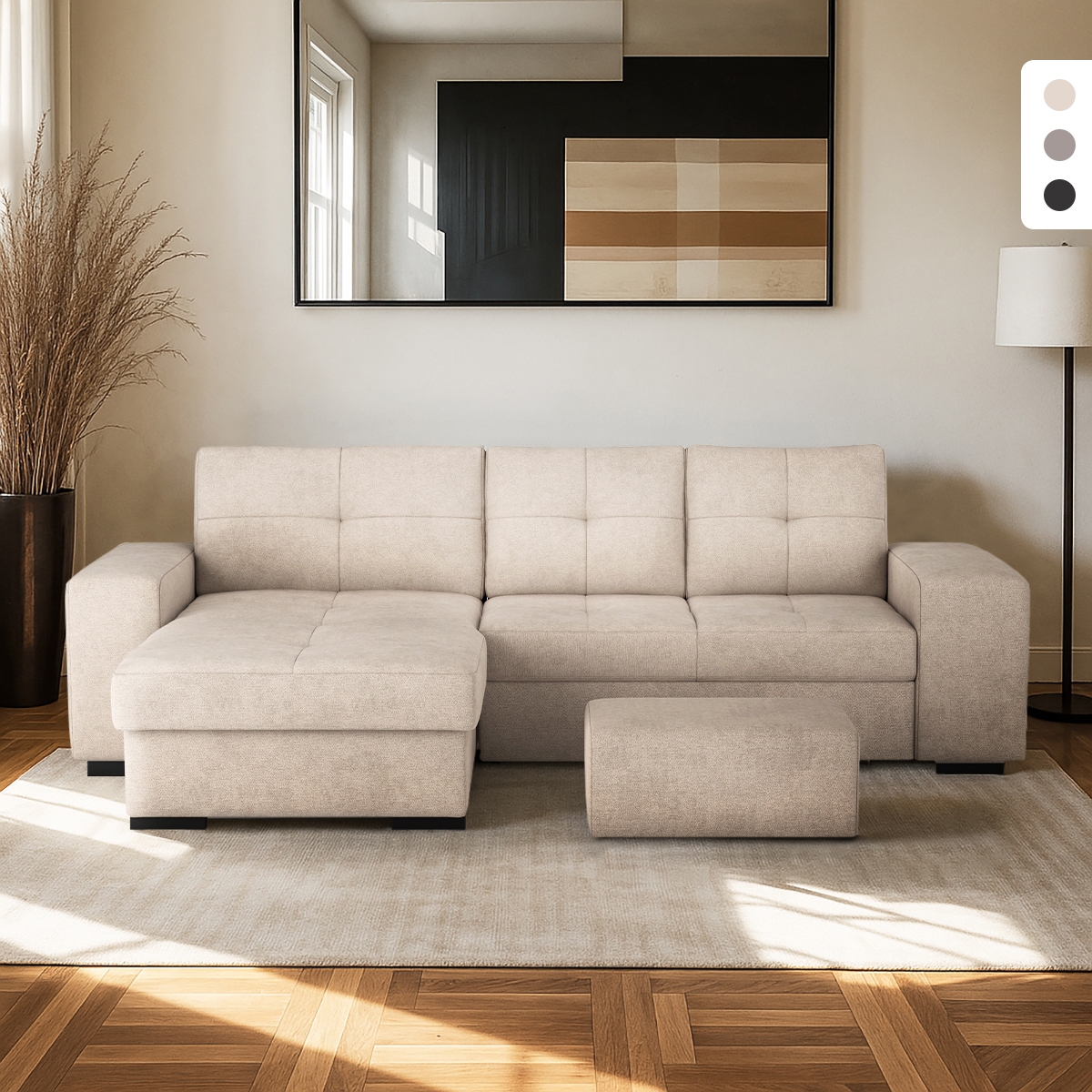 Sofá-cama 3 lugares com chaise-longue de armazenamento à esquerda e puff Saro