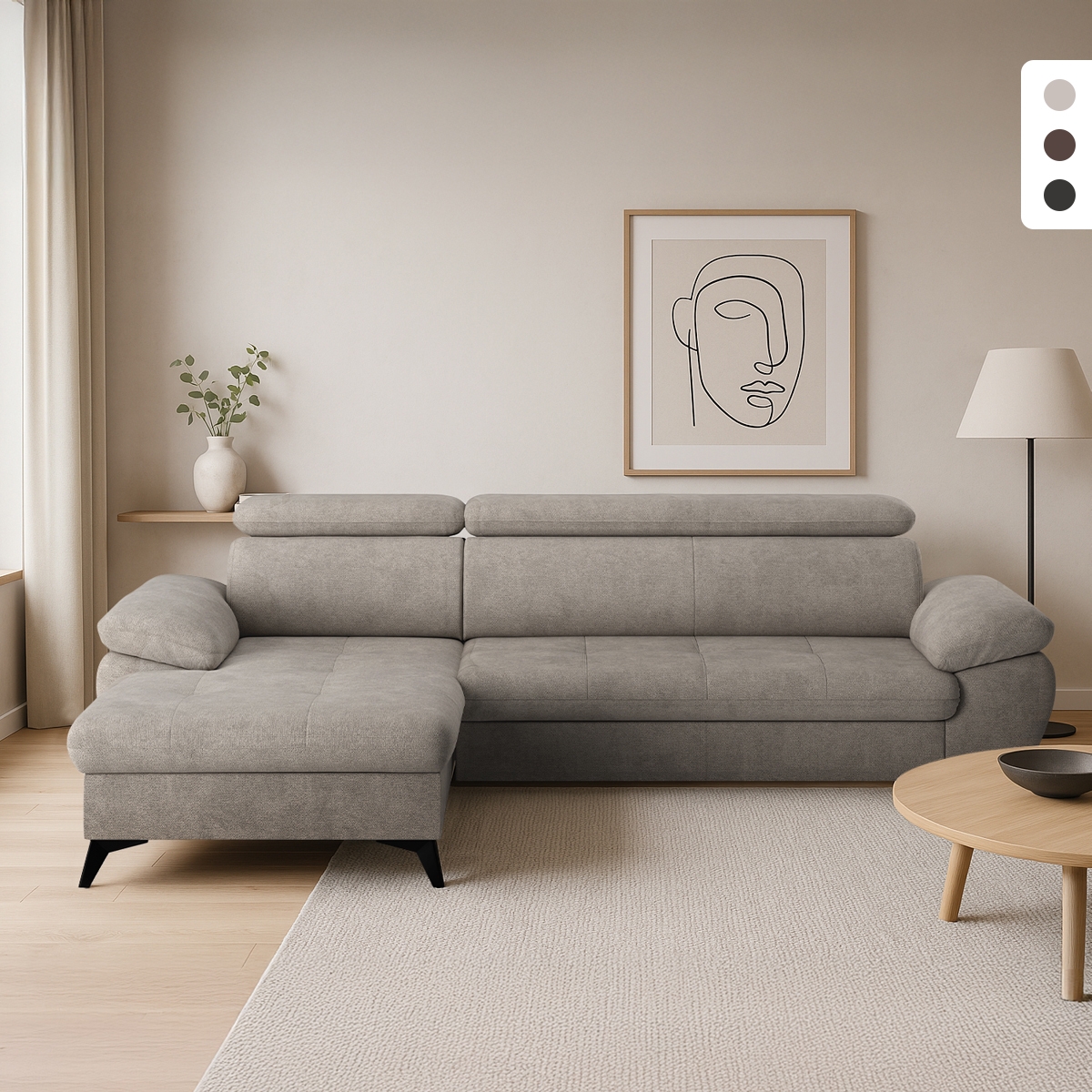 Sofá-cama moderno de 3 lugares com chaise longue com arrumação à esquerda Miral