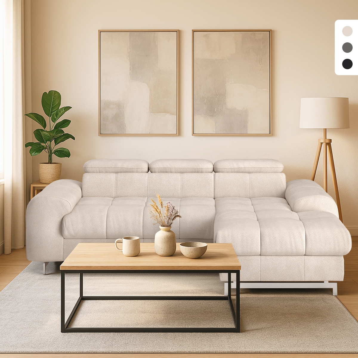 Sofá-cama com chaise longue à direita com espaço de arrumação e encosto de cabeça ajustável Eluna