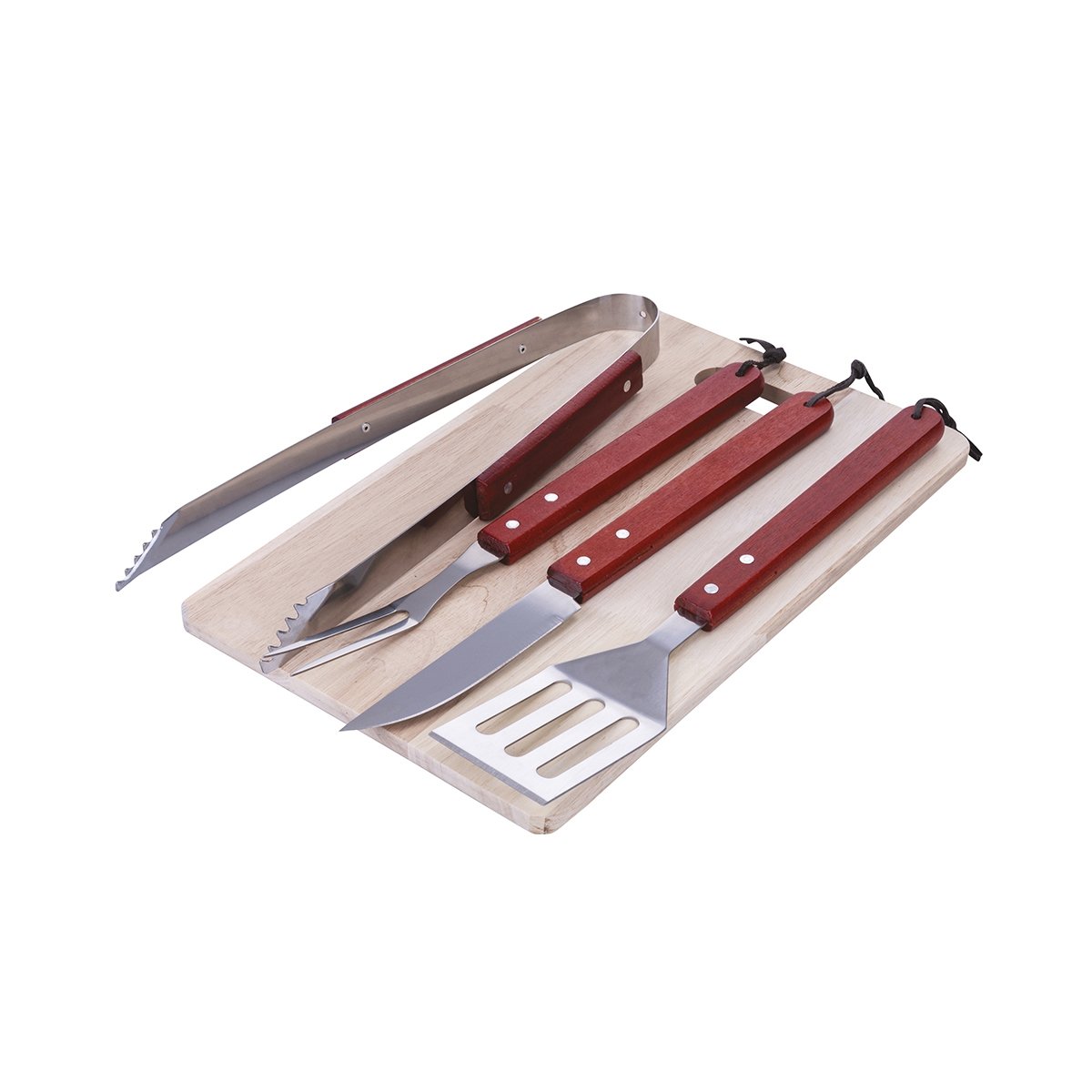 Conjunto de 4 utensílios para churrasco em aço inoxidável e tábua de madeira Pyros Promoção Conjunto de 4 utensílios para churrasco em aço inoxidável e tábua de madeira Pyros Promoção