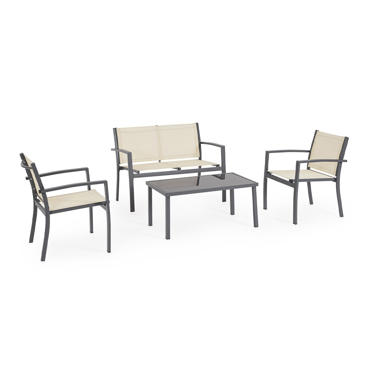 Conjunto de Jardim 2 Cadeiras Sofá Mesa de Centro Bege Bizzotto Florida