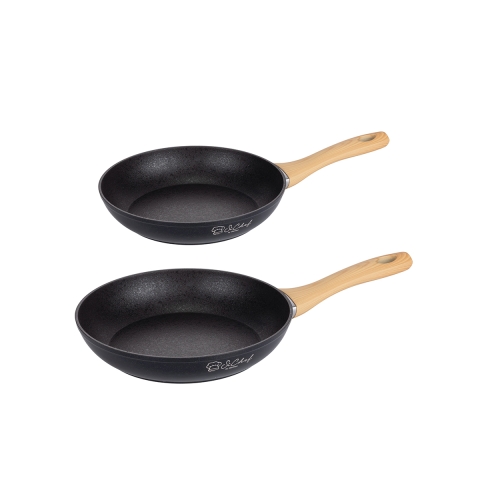 Conjunto de 2 frigideiras antiaderentes em alumínio preto com cabo em madeira Fuji Promoção