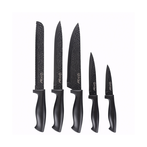 Bloco preto com 5 facas em aço inoxidável efeito martelado Piko Promoção