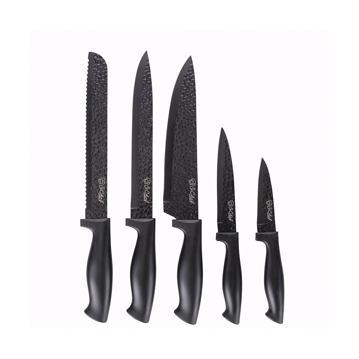 Bloco preto com 5 facas em aço inoxidável efeito martelado Piko Promoção Bloco preto com 5 facas em aço inoxidável efeito martelado Piko Promoção