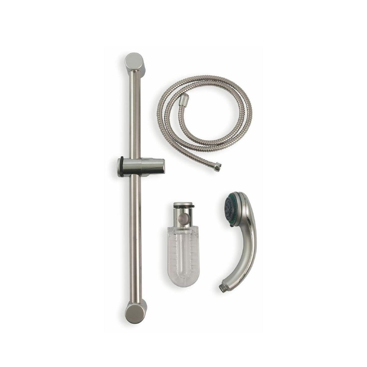 Conjunto de duche com chuveiro de mão, tubo flexível e barra deslizante acetinada Sahra Promoção Conjunto de duche com chuveiro de mão, tubo flexível e barra deslizante acetinada Sahra Promoção
