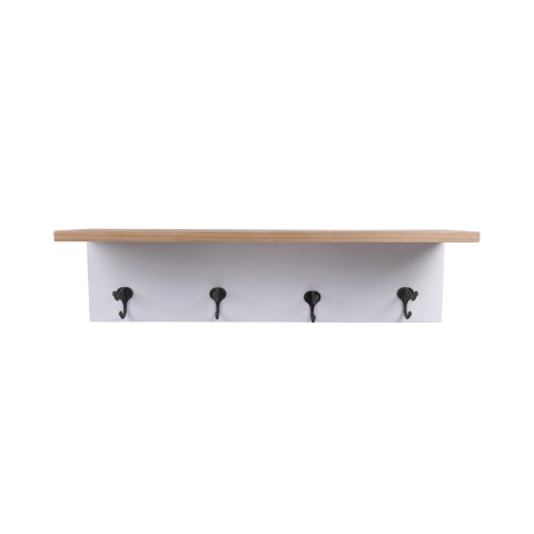 Prateleira de parede em madeira de pinho com 4 ganchos de ferro 60x16x16 Romia Promoção
