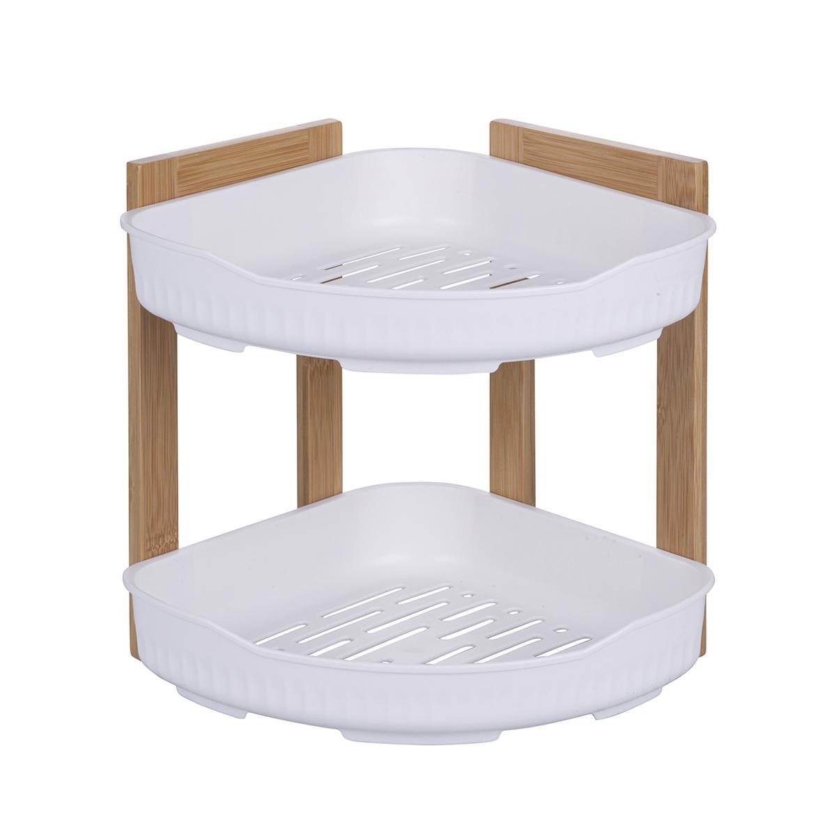 Prateleira de canto para duche em madeira com 2 prateleiras de plástico 23x23x27cm Aliva Promoção