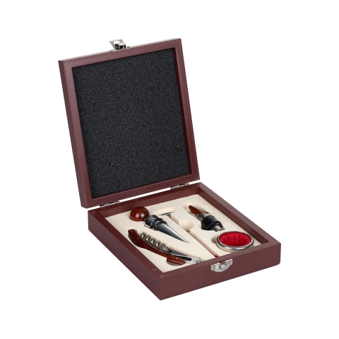 Caixa de madeira com conjunto de 5 acessórios para vinho Cesta Promoção