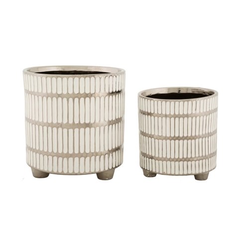 Conjunto de 2 vasos em cerâmica branca com decorações prateadas Ray Promoção