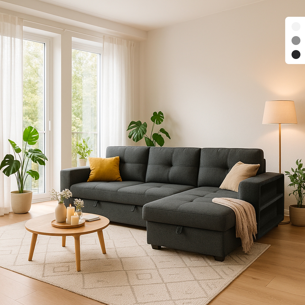 Sofá cama de 3 lugares com chaise longue, arrumação USB-C, biblioteca Civis